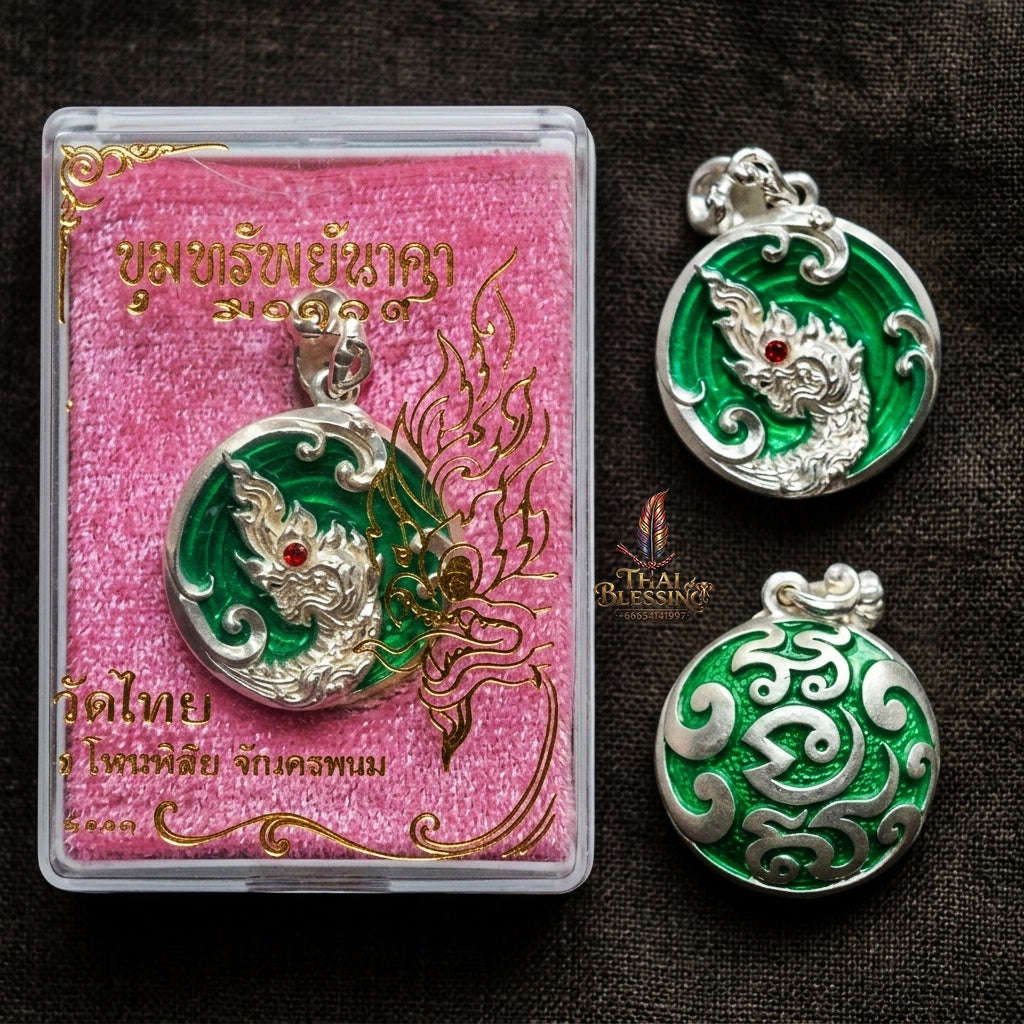 Authentic Thai Sacred Naga Medallion "Khum Sap Naka Mongkhon Wealth Pendant 2021" (Silver Finish & Emerald Green Enamel) Consecrated at Wat Thai