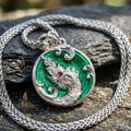 Authentic Thai Sacred Naga Medallion "Khum Sap Naka Mongkhon Wealth Pendant 2021" (Silver Finish & Emerald Green Enamel) Consecrated at Wat Thai