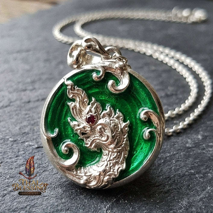 Authentic Thai Sacred Naga Medallion "Khum Sap Naka Mongkhon Wealth Pendant 2021" (Silver Finish & Emerald Green Enamel) Consecrated at Wat Thai