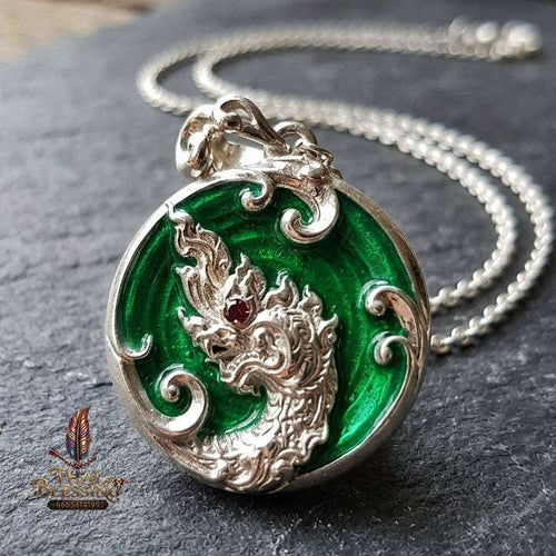 Authentic Thai Sacred Naga Medallion "Khum Sap Naka Mongkhon Wealth Pendant 2021" (Silver Finish & Emerald Green Enamel) Consecrated at Wat Thai Thai Blessing Co By RURUECHA