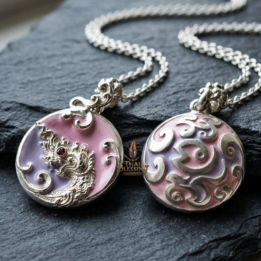 Authentic Thai Sacred Naga Medallion "Khum Sap Naka Mongkhon Wealth Pendant 2021" (Silver Finish & Purple Lavender Enamel) Consecrated at Wat Thai Thai Blessing Co By RURUECHA