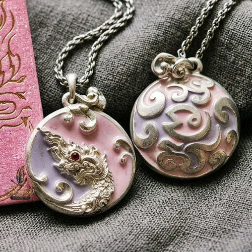 Authentic Thai Sacred Naga Medallion "Khum Sap Naka Mongkhon Wealth Pendant 2021" (Silver Finish & Purple Lavender Enamel) Consecrated at Wat Thai Thai Blessing Co By RURUECHA