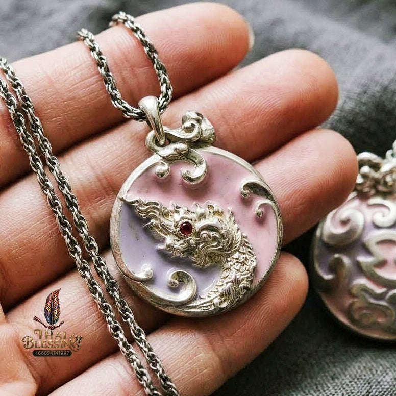 Authentic Thai Sacred Naga Medallion "Khum Sap Naka Mongkhon Wealth Pendant 2021" (Silver Finish & Purple Lavender Enamel) Consecrated at Wat Thai Thai Blessing Co By RURUECHA