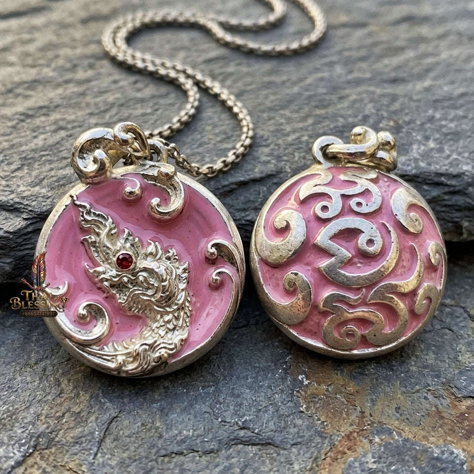 Authentic Thai Sacred Naga Medallion "Khum Sap Naka Mongkhon Wealth Pendant 2021" (Silver Finish & Sweet Pink Enamel) Consecrated at Wat Thai