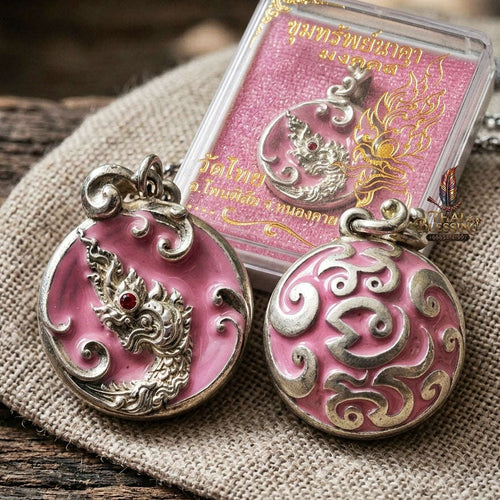 Authentic Thai Sacred Naga Medallion "Khum Sap Naka Mongkhon Wealth Pendant 2021" (Silver Finish & Sweet Pink Enamel) Consecrated at Wat Thai Thai Blessing Co By RURUECHA