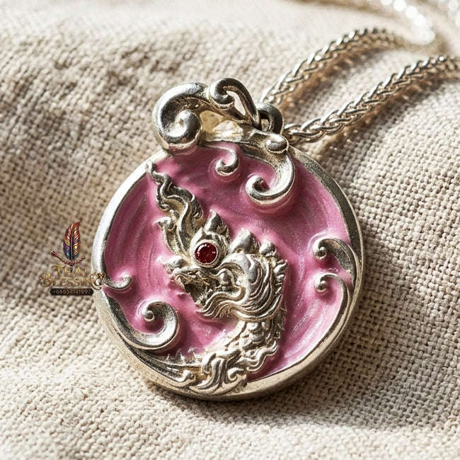 Authentic Thai Sacred Naga Medallion "Khum Sap Naka Mongkhon Wealth Pendant 2021" (Silver Finish & Sweet Pink Enamel) Consecrated at Wat Thai