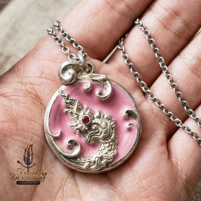Authentic Thai Sacred Naga Medallion "Khum Sap Naka Mongkhon Wealth Pendant 2021" (Silver Finish & Sweet Pink Enamel) Consecrated at Wat Thai