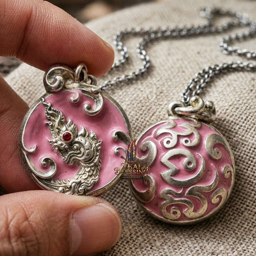 Authentic Thai Sacred Naga Medallion "Khum Sap Naka Mongkhon Wealth Pendant 2021" (Silver Finish & Sweet Pink Enamel) Consecrated at Wat Thai