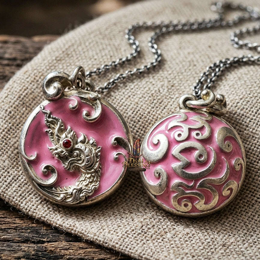 Authentic Thai Sacred Naga Medallion "Khum Sap Naka Mongkhon Wealth Pendant 2021" (Silver Finish & Sweet Pink Enamel) Consecrated at Wat Thai