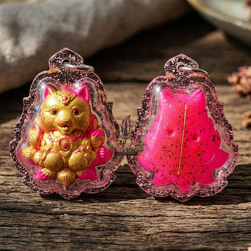 Authentic Thai Sacred Nangphaya Chingchok Kao Hang Nine-Tailed Fox Amulet - Pink Holy Powder Gold-Painted Edition (Thep Setthi Model) for Extreme Love Saneh, Wealth Attraction & Business Success Thai Blessing Co By RURUECHA