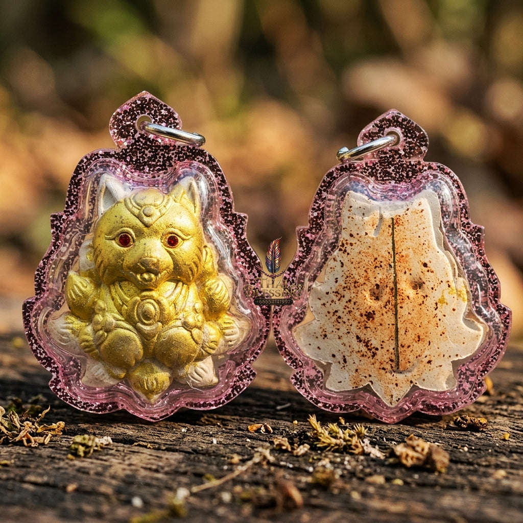 Authentic Thai Sacred Nangphaya Chingchok Kao Hang Nine-Tailed Fox Amulet - White Holy Powder Gold-Painted Edition (Thep Setthi Model) for Extreme Love Saneh, Wealth Attraction & Business Success Thai Blessing Co By RURUECHA