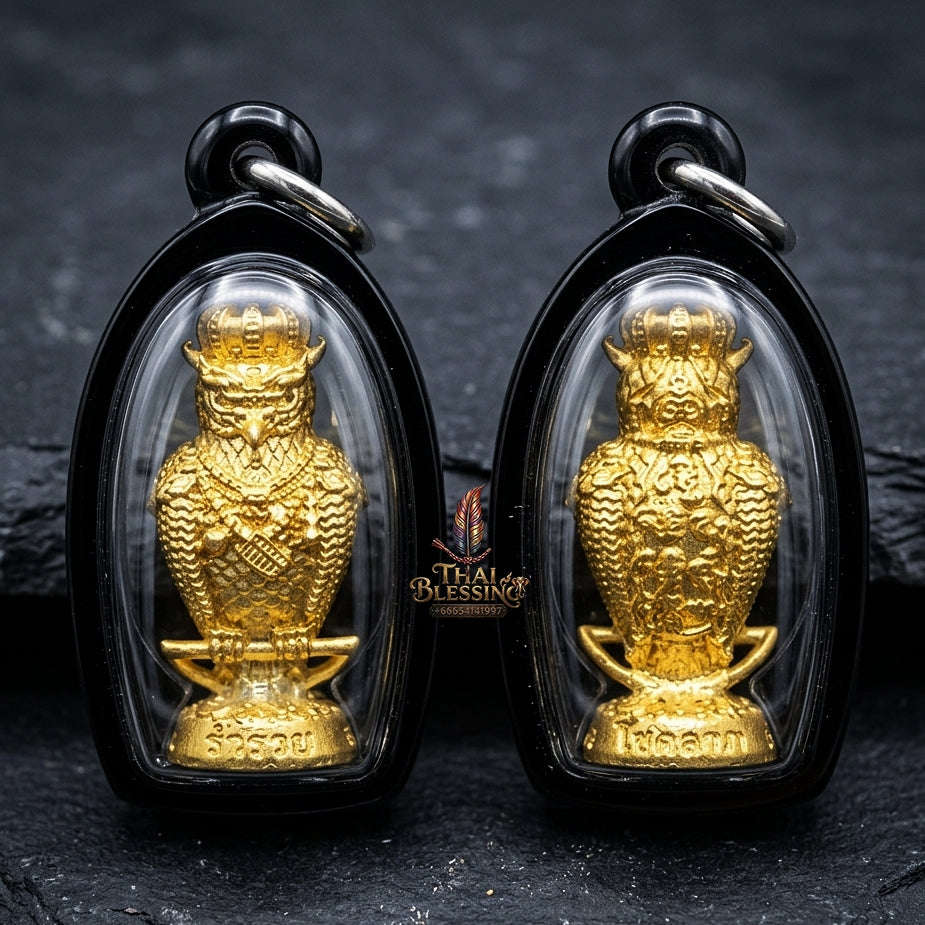 Authentic Thai Sacred Nok Theid Theud Owl Amulet (Chao Sap Rattikan) for Night Gambling Luck, Wealth Attraction & Business Trade Thai Blessing Co By RURUECHA
