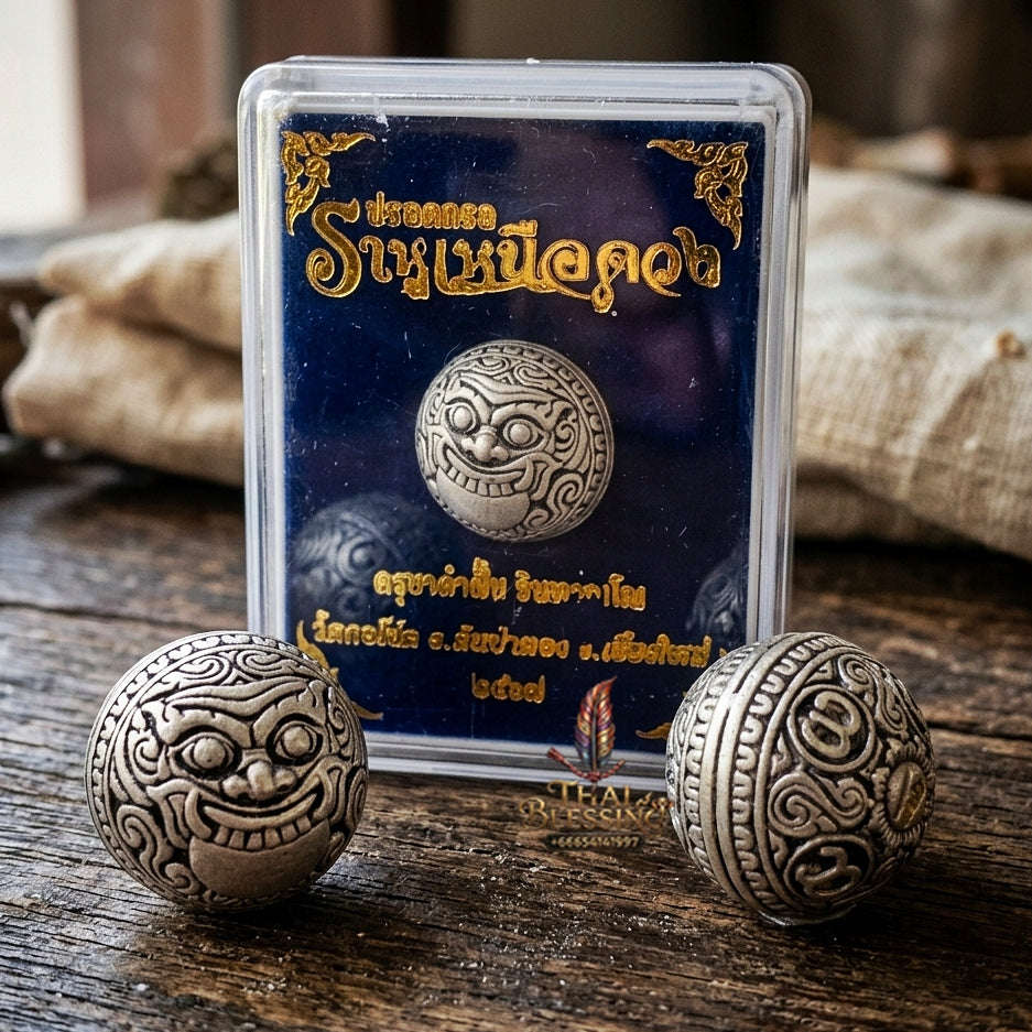 Authentic Thai Sacred Parot Kro Rahu Nuea Duang (Rahu Over Destiny Sacred Warning Bell) - Bronze Satin Silver for Destiny Elevation, Bad Luck Protection, Wealth & Universal Blessing Thai Blessing Co By RURUECHA
