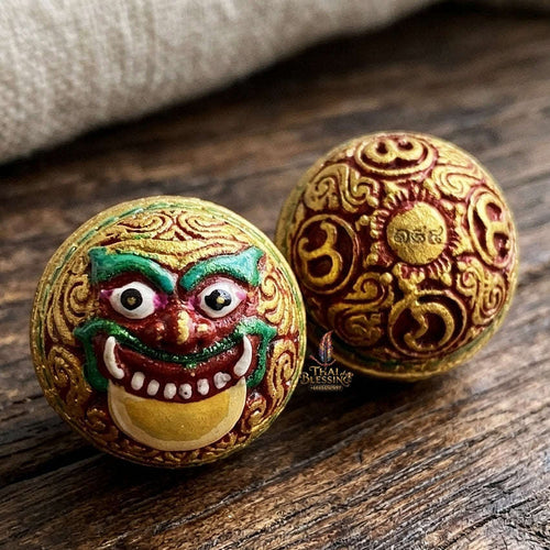Authentic Thai Sacred Parot Kro Rahu Nuea Duang (Rahu Over Destiny Sacred Warning Bell) - Painted Bronze with Red Enamel for Destiny Elevation, Bad Luck Protection, Wealth & Universal Blessing Thai Blessing Co By RURUECHA