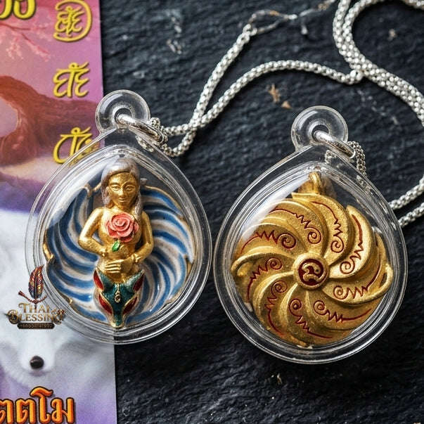 Authentic Thai Sacred Pendant "Nine-Tailed Fox Queen Spirit - Enamel Gold Samrit Edition 2023" by Kruba Baeng, Wat Ban Tanot Thai Blessing Co By RURUECHA