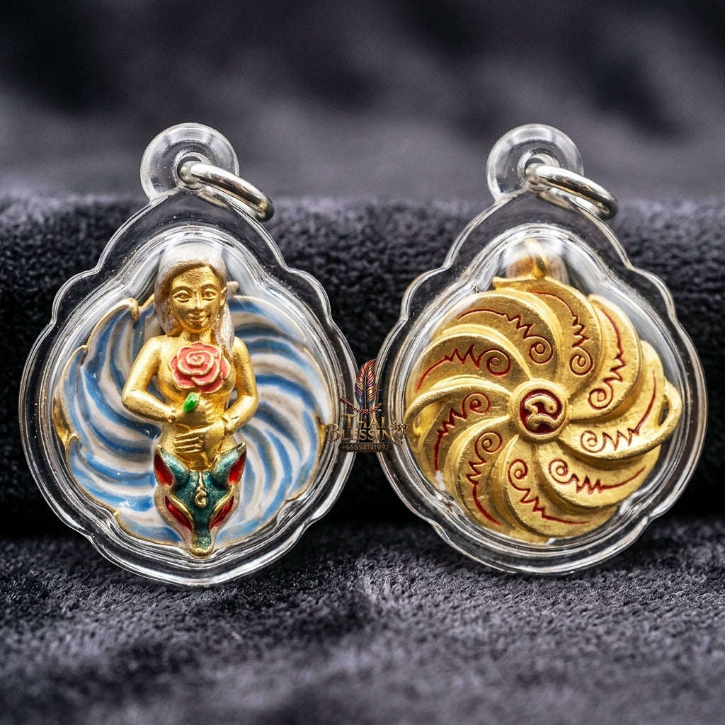 Authentic Thai Sacred Pendant "Nine-Tailed Fox Queen Spirit - Enamel Gold Samrit Edition 2023" by Kruba Baeng, Wat Ban Tanot Thai Blessing Co By RURUECHA