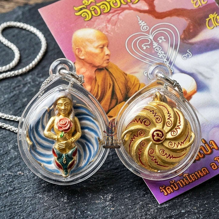 Authentic Thai Sacred Pendant "Nine-Tailed Fox Queen Spirit - Enamel Gold Samrit Edition 2023" by Kruba Baeng, Wat Ban Tanot Thai Blessing Co By RURUECHA