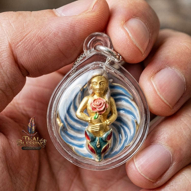 Authentic Thai Sacred Pendant "Nine-Tailed Fox Queen Spirit - Enamel Gold Samrit Edition 2023" by Kruba Baeng, Wat Ban Tanot Thai Blessing Co By RURUECHA