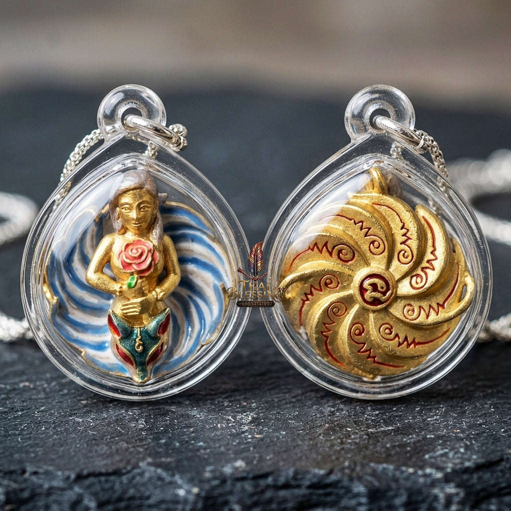 Authentic Thai Sacred Pendant "Nine-Tailed Fox Queen Spirit - Enamel Gold Samrit Edition 2023" by Kruba Baeng, Wat Ban Tanot Thai Blessing Co By RURUECHA