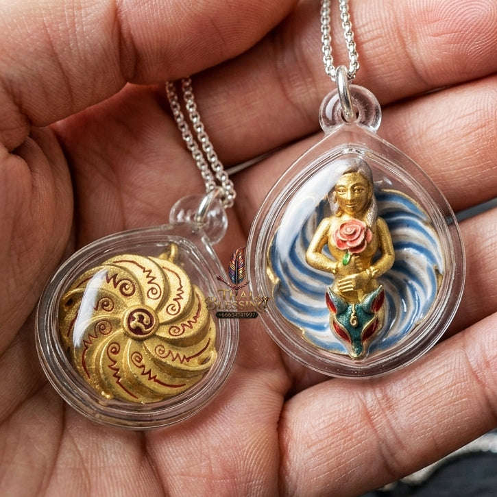 Authentic Thai Sacred Pendant "Nine-Tailed Fox Queen Spirit - Enamel Gold Samrit Edition 2023" by Kruba Baeng, Wat Ban Tanot Thai Blessing Co By RURUECHA