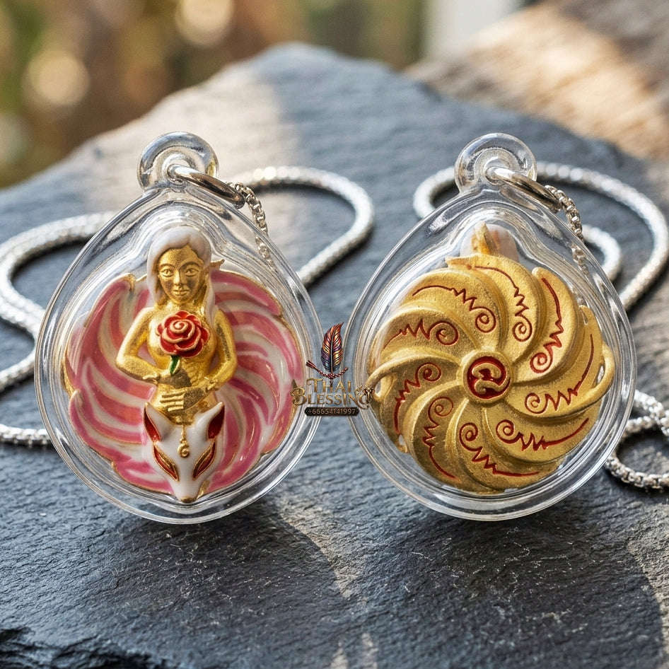 Authentic Thai Sacred Pendant "Nine-Tailed Fox Queen Spirit - Pink Enamel Gold Samrit Edition 2023" by Kruba Baeng, Wat Ban Tanot Thai Blessing Co By RURUECHA