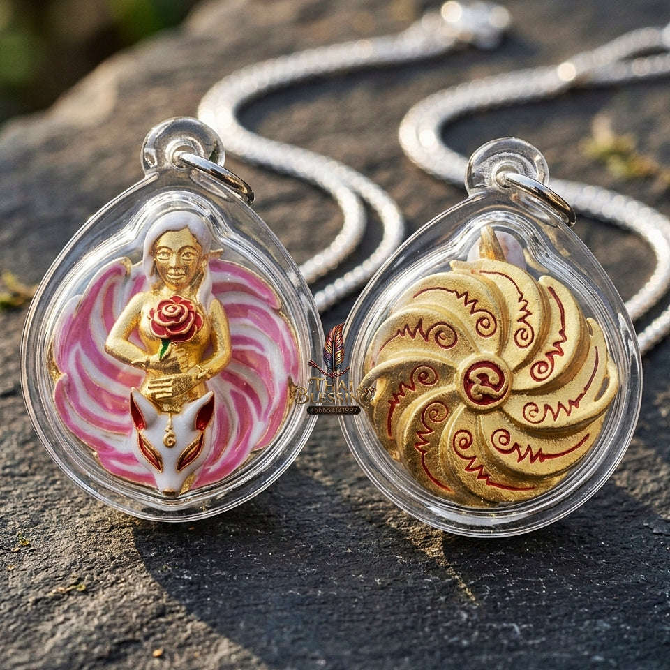 Authentic Thai Sacred Pendant "Nine-Tailed Fox Queen Spirit - Pink Enamel Gold Samrit Edition 2023" by Kruba Baeng, Wat Ban Tanot Thai Blessing Co By RURUECHA