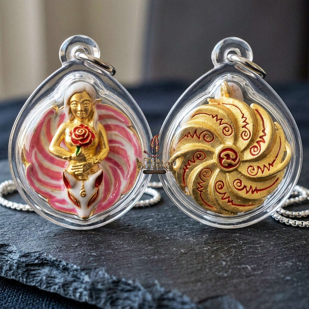 Authentic Thai Sacred Pendant "Nine-Tailed Fox Queen Spirit - Pink Enamel Gold Samrit Edition 2023" by Kruba Baeng, Wat Ban Tanot Thai Blessing Co By RURUECHA