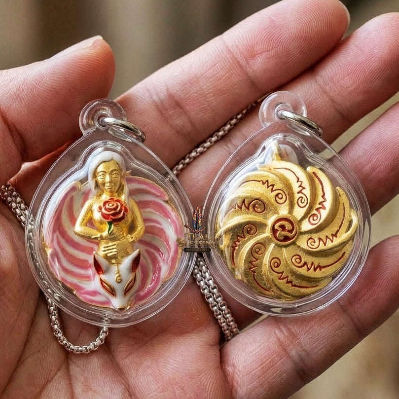 Authentic Thai Sacred Pendant "Nine-Tailed Fox Queen Spirit - Pink Enamel Gold Samrit Edition 2023" by Kruba Baeng, Wat Ban Tanot Thai Blessing Co By RURUECHA