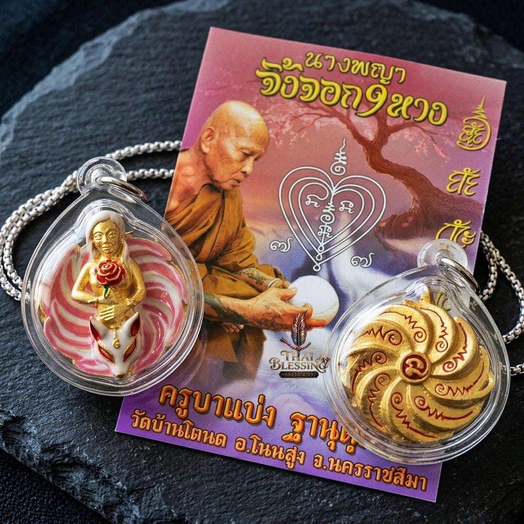 Authentic Thai Sacred Pendant "Nine-Tailed Fox Queen Spirit - Pink Enamel Gold Samrit Edition 2023" by Kruba Baeng, Wat Ban Tanot Thai Blessing Co By RURUECHA