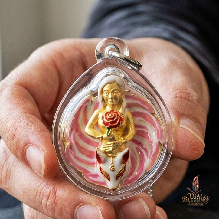 Authentic Thai Sacred Pendant "Nine-Tailed Fox Queen Spirit - Pink Enamel Gold Samrit Edition 2023" by Kruba Baeng, Wat Ban Tanot Thai Blessing Co By RURUECHA