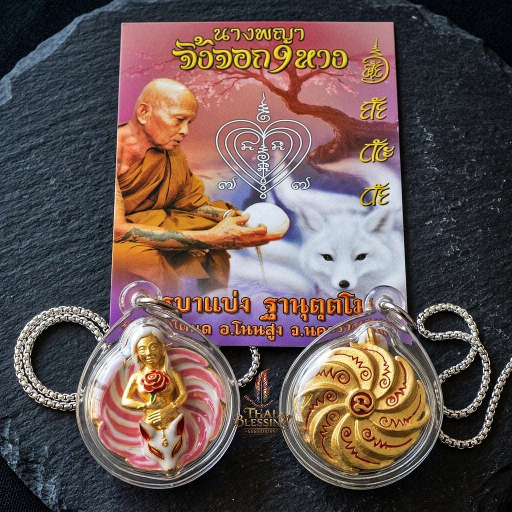 Authentic Thai Sacred Pendant "Nine-Tailed Fox Queen Spirit - Pink Enamel Gold Samrit Edition 2023" by Kruba Baeng, Wat Ban Tanot Thai Blessing Co By RURUECHA