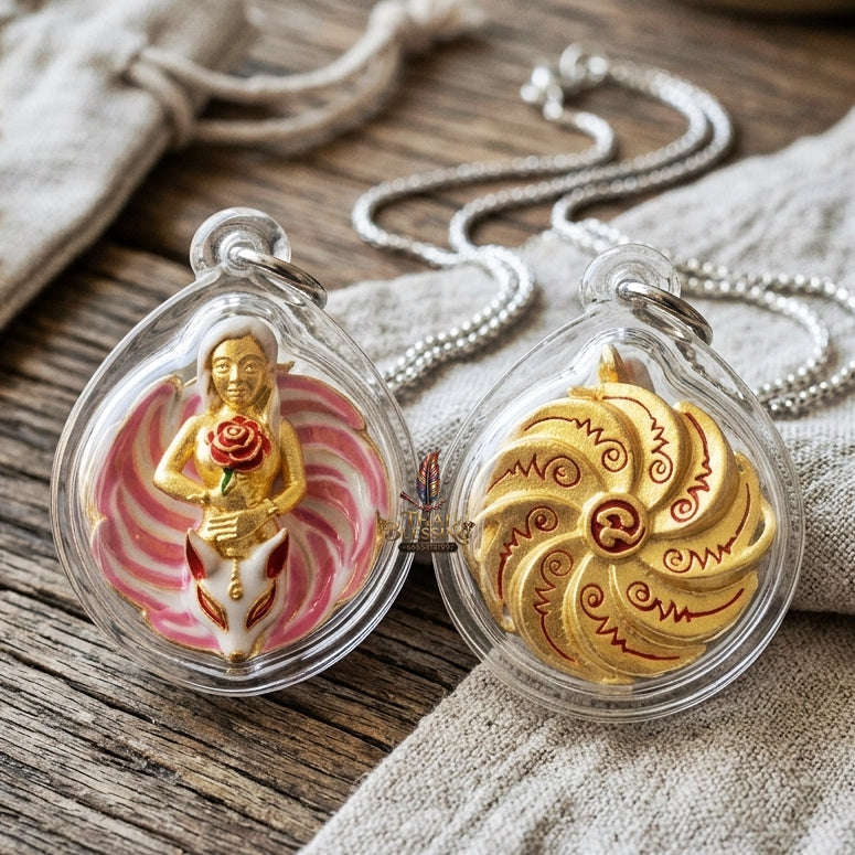 Authentic Thai Sacred Pendant "Nine-Tailed Fox Queen Spirit - Pink Enamel Gold Samrit Edition 2023" by Kruba Baeng, Wat Ban Tanot Thai Blessing Co By RURUECHA