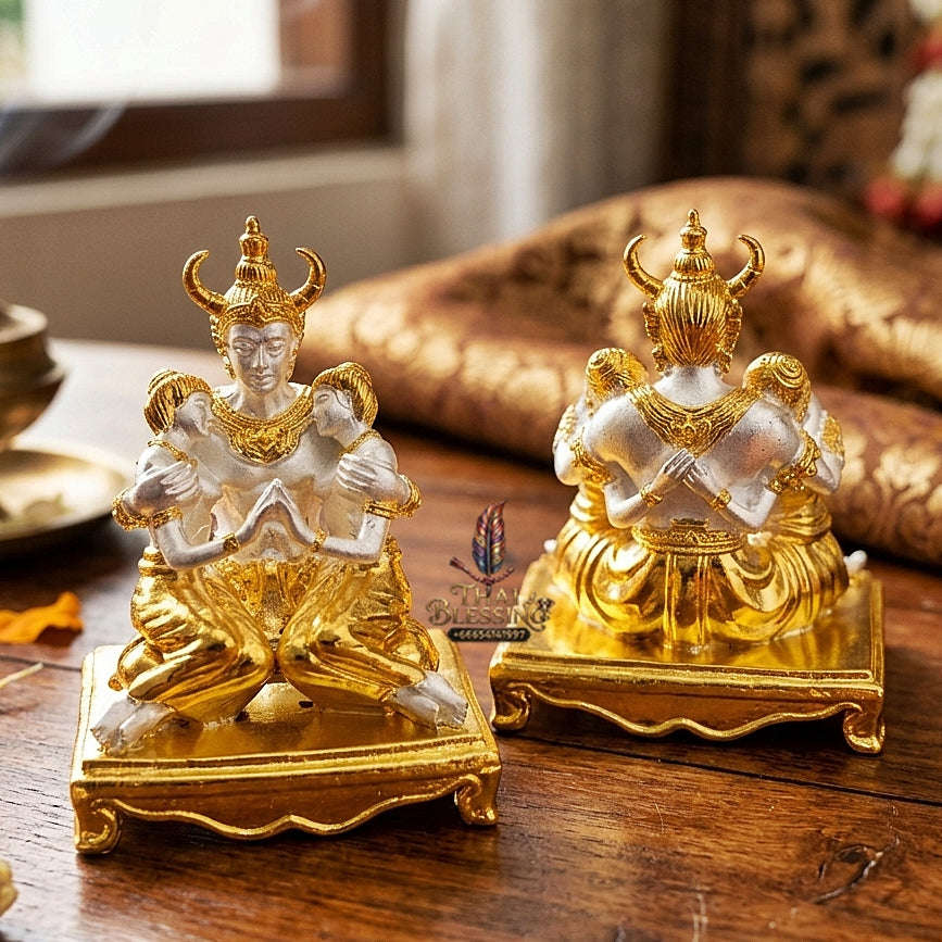 Authentic Thai Sacred Phaya Khao Kham Nang Khiang Statue - 2K Gold & Silver Plated Bronze for Supreme Metta Saneh Charm, Love Attraction & Lanna Prosperity Thai Blessing Co By RURUECHA