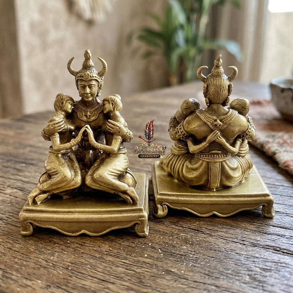 Authentic Thai Sacred Phaya Khao Kham Nang Khiang Statue - Yellow Satin Plated Bronze for Supreme Metta Saneh Charm, Love Attraction & Lanna Prosperity Thai Blessing Co By RURUECHA
