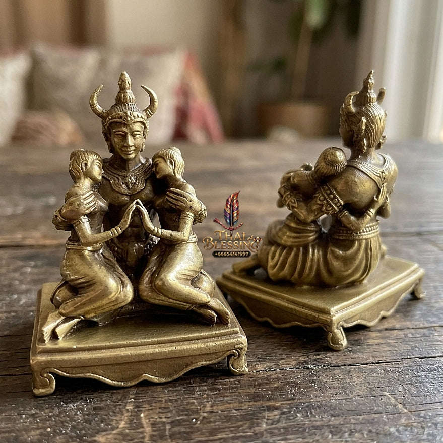 Authentic Thai Sacred Phaya Khao Kham Nang Khiang Statue - Yellow Satin Plated Bronze for Supreme Metta Saneh Charm, Love Attraction & Lanna Prosperity Thai Blessing Co By RURUECHA