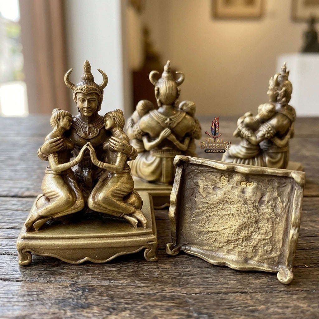 Authentic Thai Sacred Phaya Khao Kham Nang Khiang Statue - Yellow Satin Plated Bronze for Supreme Metta Saneh Charm, Love Attraction & Lanna Prosperity Thai Blessing Co By RURUECHA