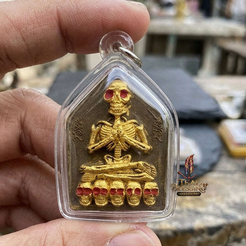 Authentic Thai Sacred Pho Phrai Setthi (Golden Skeleton Wealth Spirit Amulet) - Sacred Cemetery Earth & Herbal Powder for Supreme Charm, Money Magnet, Wealth Attraction & Luck Enhancement Thai Blessing Co By RURUECHA