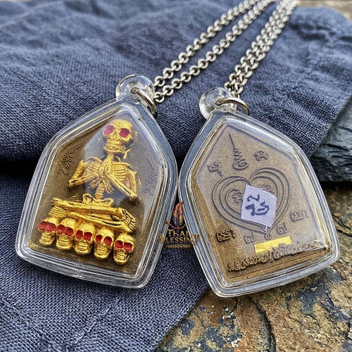 Authentic Thai Sacred Pho Phrai Setthi (Golden Skeleton Wealth Spirit Amulet) - Sacred Cemetery Earth & Herbal Powder for Supreme Charm, Money Magnet, Wealth Attraction & Luck Enhancement Thai Blessing Co By RURUECHA