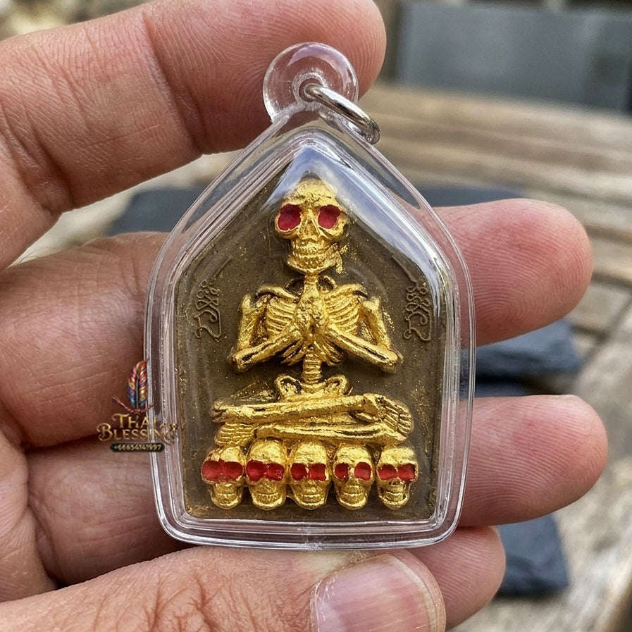 Authentic Thai Sacred Pho Phrai Setthi (Golden Skeleton Wealth Spirit Amulet) - Sacred Cemetery Earth & Herbal Powder for Supreme Charm, Money Magnet, Wealth Attraction & Luck Enhancement Thai Blessing Co By RURUECHA