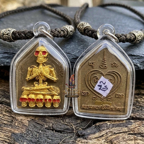 Authentic Thai Sacred Pho Phrai Setthi (Golden Skeleton Wealth Spirit Amulet) - Sacred Cemetery Earth & Herbal Powder for Supreme Charm, Money Magnet, Wealth Attraction & Luck Enhancement Thai Blessing Co By RURUECHA