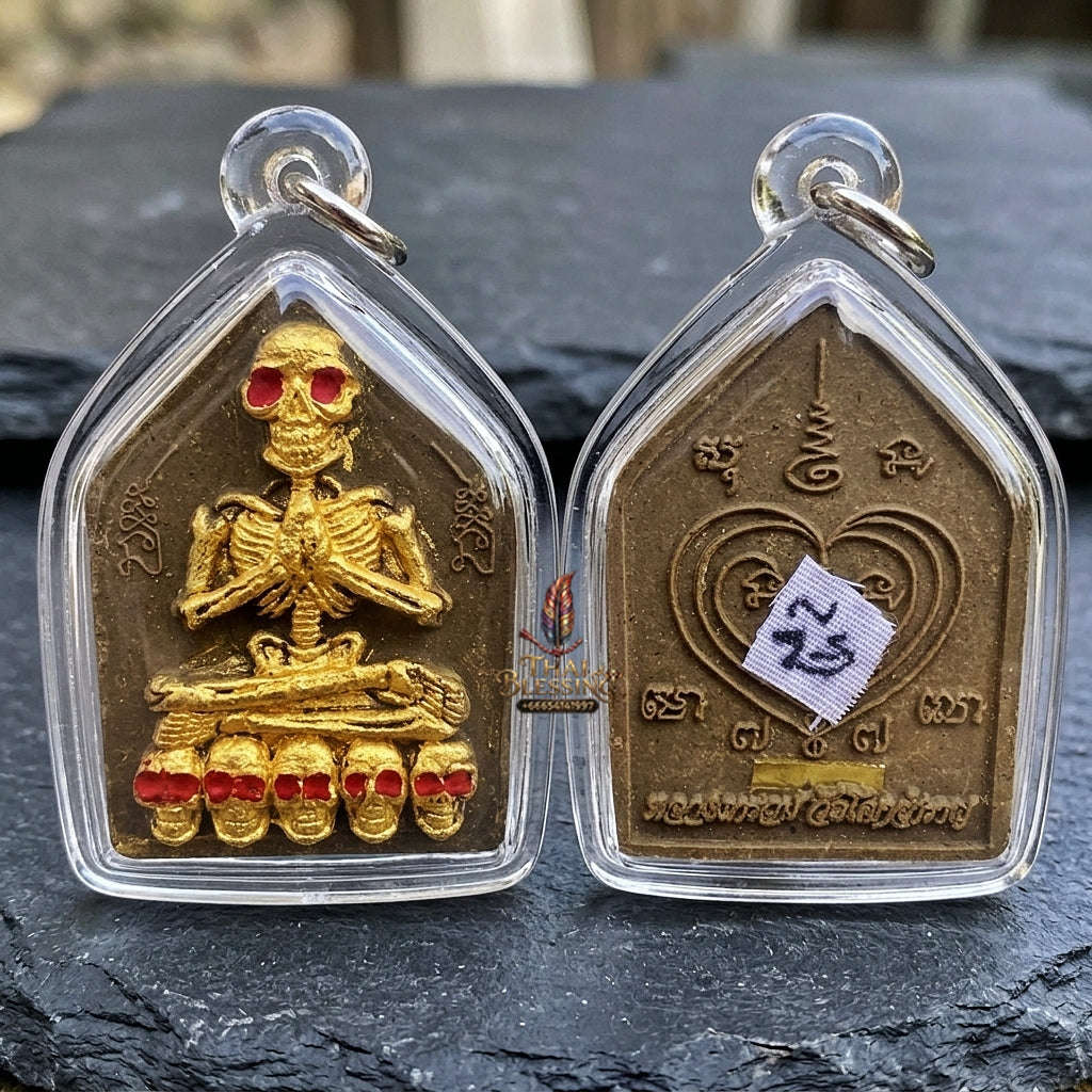Authentic Thai Sacred Pho Phrai Setthi (Golden Skeleton Wealth Spirit Amulet) - Sacred Cemetery Earth & Herbal Powder for Supreme Charm, Money Magnet, Wealth Attraction & Luck Enhancement Thai Blessing Co By RURUECHA