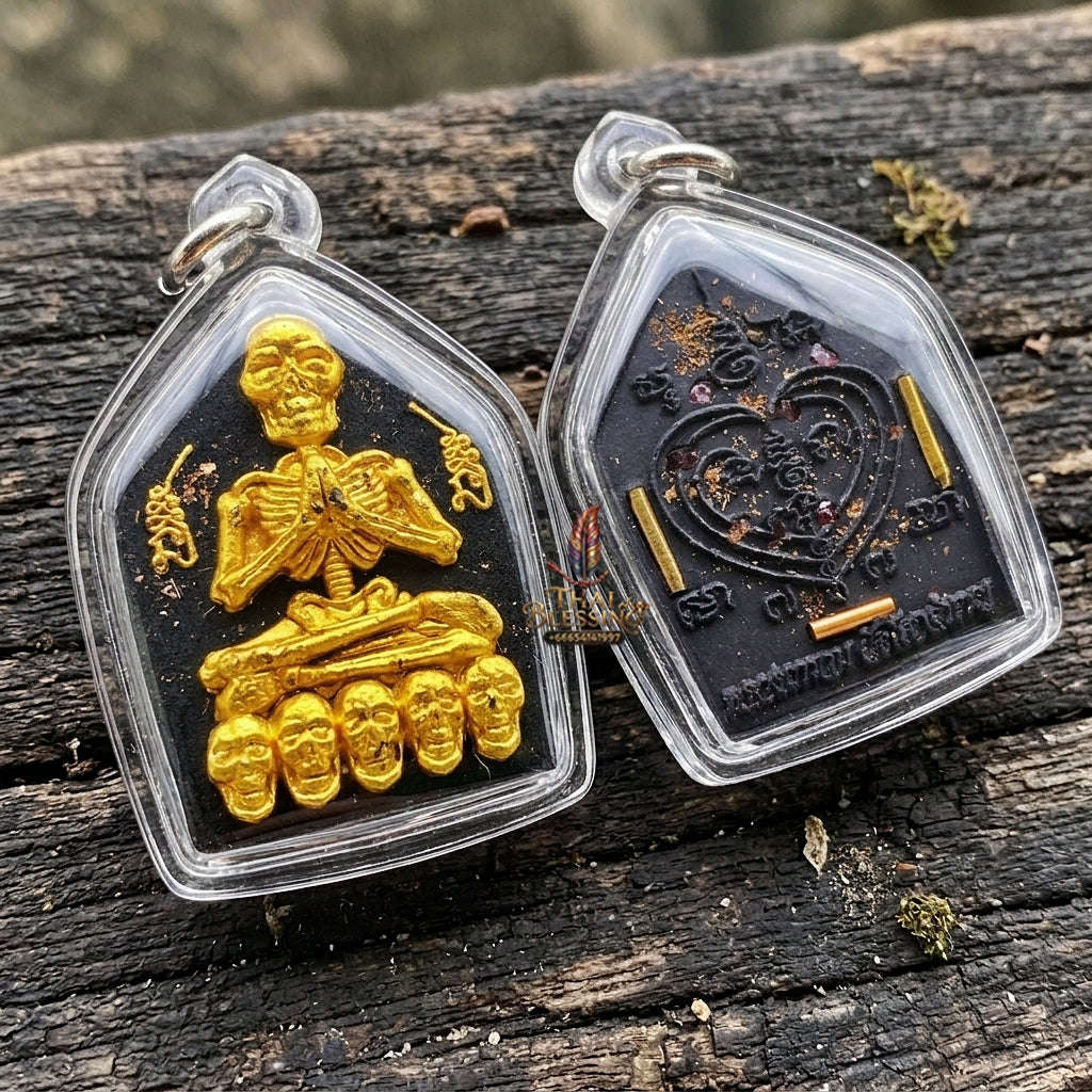 Authentic Thai Sacred Pho Phrai Thong (Golden Skeleton Spirit Amulet) - Black Sacred Herbal Powder Edition with Gold Takrut Inserts for Supreme Charm, Money Magnet, Wealth Attraction & Luck Enhancement Thai Blessing Co By RURUECHA