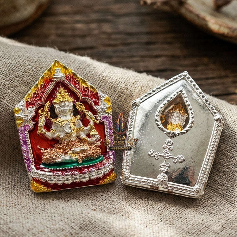 Authentic Thai Sacred Phra Phrom Erawan (4-Faced Brahma Divine Creator Statue) - Small Size Silver Plated with Enamel & 3K Plated Body Edition (Mahathep Pratthan Khwam Samret 67 Model) for Ultimate Success, Prosperity, Health & Wish Fulfillment