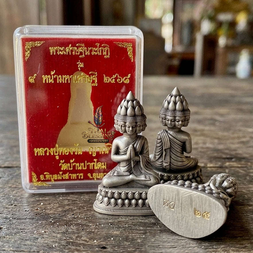 Authentic Thai Sacred Phra Setthi Nawakot (Nine Millionaires Buddha Statue) - Satin Silver Plated Bronze Edition for Wealth Attraction, Business Growth & Eternal Fortune Thai Blessing Co By RURUECHA