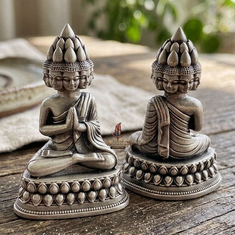 Authentic Thai Sacred Phra Setthi Nawakot (Nine Millionaires Buddha Statue) - Satin Silver Plated Bronze Edition for Wealth Attraction, Business Growth & Eternal Fortune Thai Blessing Co By RURUECHA