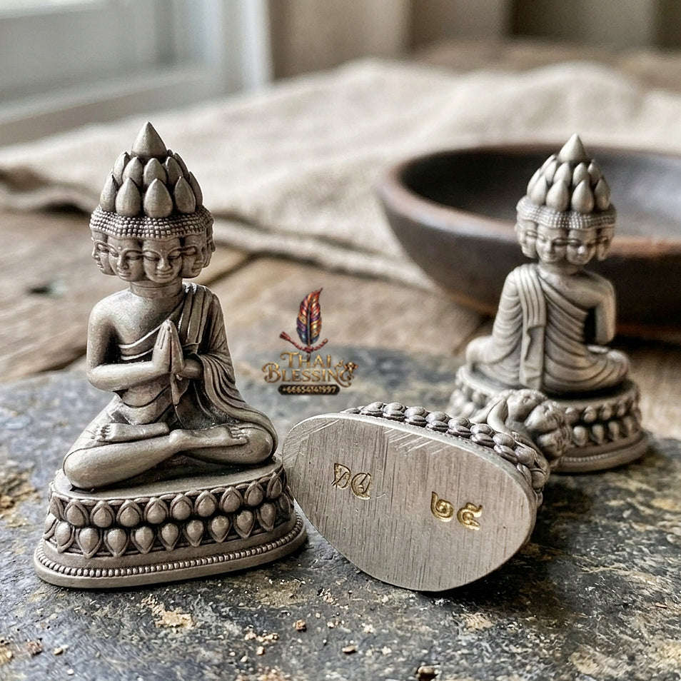 Authentic Thai Sacred Phra Setthi Nawakot (Nine Millionaires Buddha Statue) - Satin Silver Plated Bronze Edition for Wealth Attraction, Business Growth & Eternal Fortune Thai Blessing Co By RURUECHA