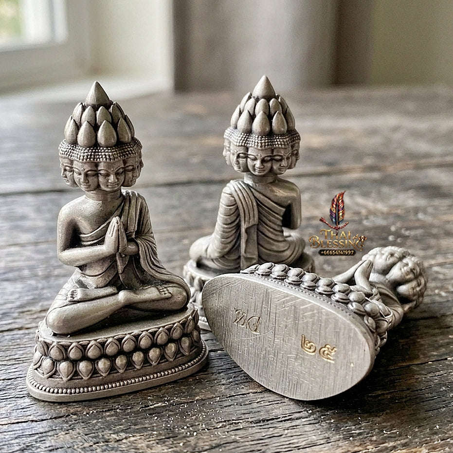 Authentic Thai Sacred Phra Setthi Nawakot (Nine Millionaires Buddha Statue) - Satin Silver Plated Bronze Edition for Wealth Attraction, Business Growth & Eternal Fortune Thai Blessing Co By RURUECHA