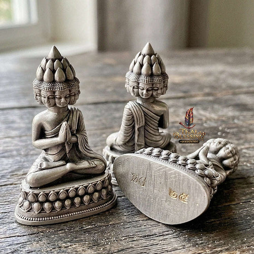 Authentic Thai Sacred Phra Setthi Nawakot (Nine Millionaires Buddha Statue) - Satin Silver Plated Bronze Edition for Wealth Attraction, Business Growth & Eternal Fortune Thai Blessing Co By RURUECHA