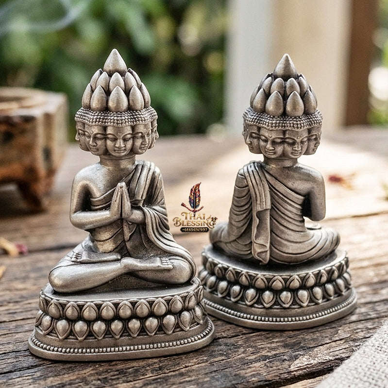 Authentic Thai Sacred Phra Setthi Nawakot (Nine Millionaires Buddha Statue) - Satin Silver Plated Bronze Edition for Wealth Attraction, Business Growth & Eternal Fortune Thai Blessing Co By RURUECHA