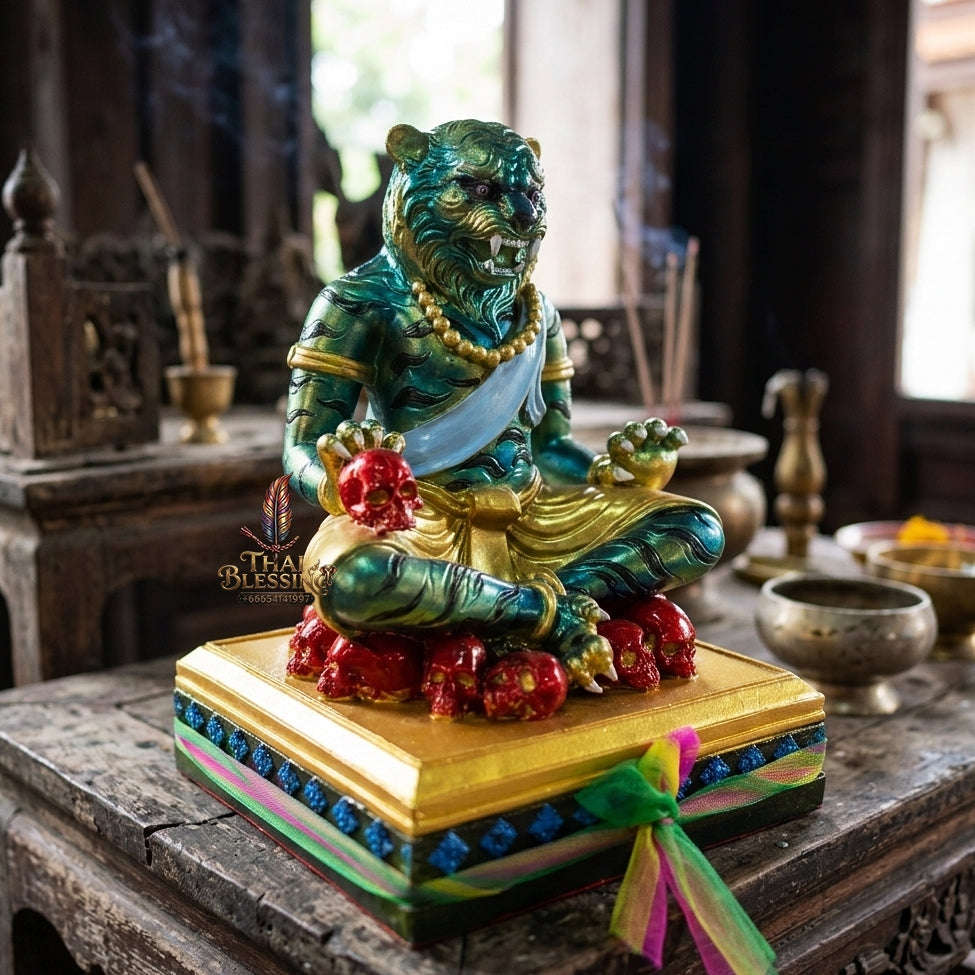 Authentic Thai Sacred Pu Jao Saming Khong Green Emerald Tiger Hermit Statue - for Supreme Authority, Protection, Metta Charm & Wealth Fortune Thai Blessing Co By RURUECHA